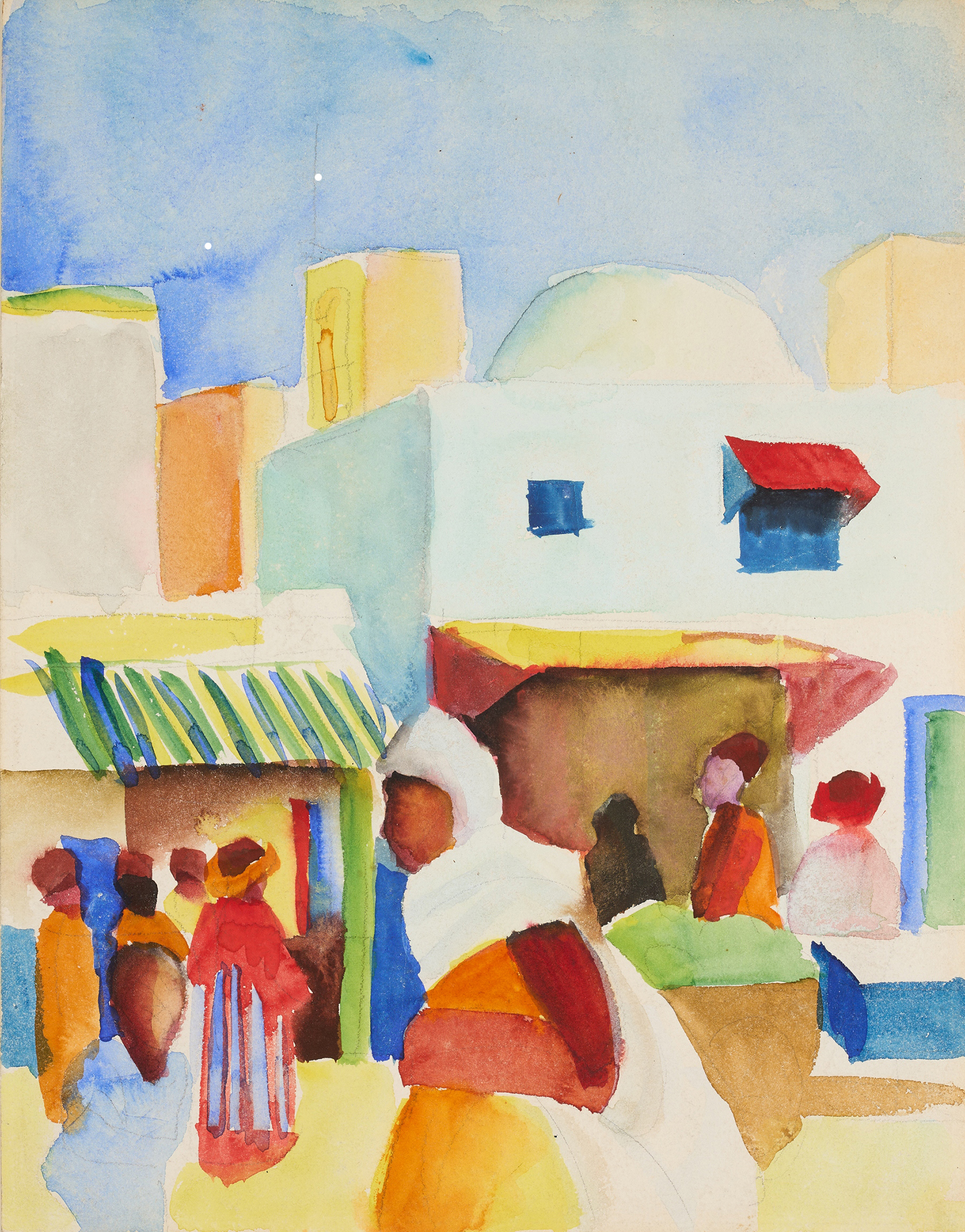 Aquarell von August Macke: Menschen auf einem Markt in Tunis zwischen hellen Häusern und bunten Marktständen in Gelb, Blau, Rot und Orange.