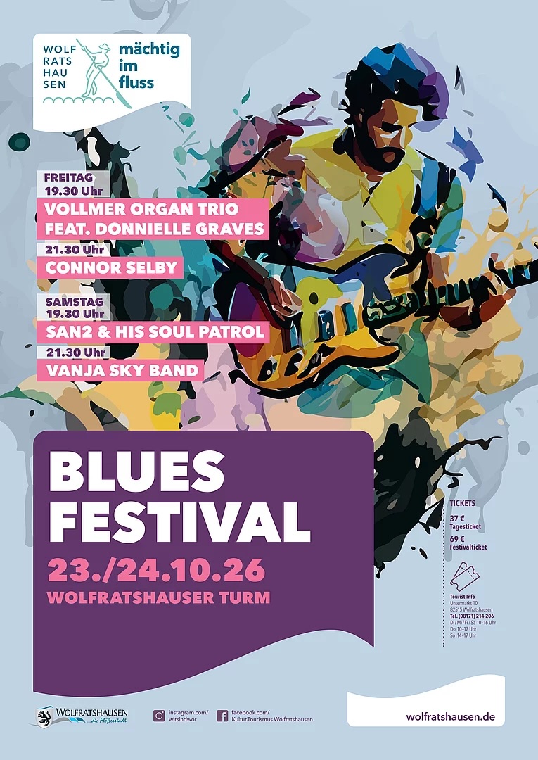 Illustriertes Festivalplakat mit Gitarristen, den vier auftretenden Bands, Konzertzeiten und Ticketpreisen für das 3. Wolfratshauser Blues Festival 2026.