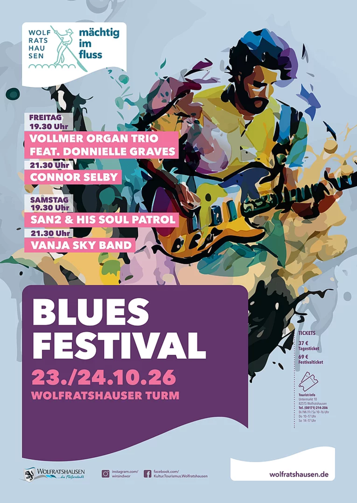 Farbig illustriertes Plakat zum 3. Wolfratshauser Blues Festival am 23. und 24. Oktober 2026 mit den vier auftretenden Bands und ihren Konzertzeiten.