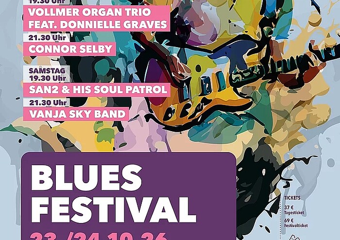 Illustriertes Festivalplakat mit Gitarristen, den vier auftretenden Bands, Konzertzeiten und Ticketpreisen für das 3. Wolfratshauser Blues Festival 2026.