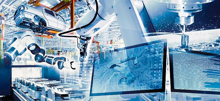 Industrieanlagen und Robotik als Symbolbild für unternehmerische Transformation und Innovation in der Industrie