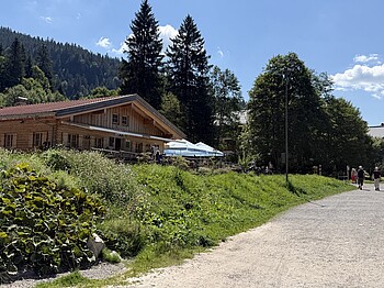 Wanderweg am Spitzingsee Wanderweg am Spitzingsee mit Gasthaus und Berglandschaft