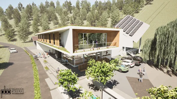 Neue Talstation der Herzogstandbahn am Walchensee – Visualisierung Architekturvisualisierung der geplanten neuen Talstation der Herzogstandbahn am Walchensee mit verglaster Fassade, begrüntem Dach und Eingangsbereich