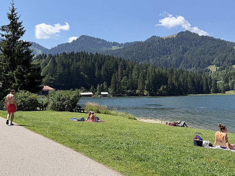 Spitzingsee im Sommer Spitzingsee mit Liegewiese und Bergen im Sommer