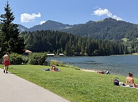 Spitzingsee im Sommer Spitzingsee mit Liegewiese und Bergen im Sommer