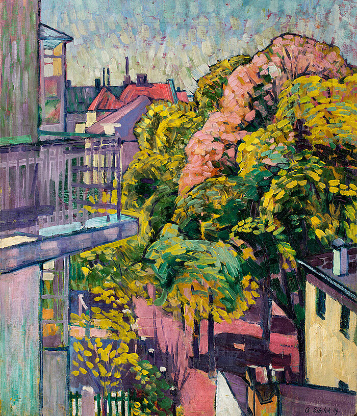 Gemälde „Frühling (Blick aus dem Atelier)“ von Adolf Erbslöh aus dem Jahr 1909