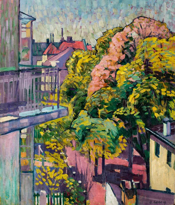 Adolf Erbslöh: Frühling (Blick aus dem Atelier), 1909 Gemälde „Frühling (Blick aus dem Atelier)“ von Adolf Erbslöh aus dem Jahr 1909