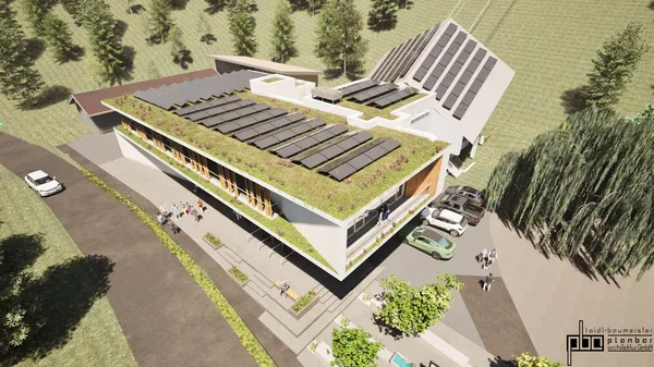 Neue Talstation der Herzogstandbahn – Dachansicht Architekturvisualisierung der neuen Talstation der Herzogstandbahn aus der Vogelperspektive mit begrüntem Dach und Solarmodulen.