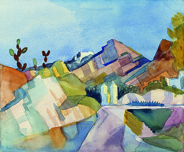 August Macke, Felsige Landschaft, 1914 August Mackes Aquarell „Felsige Landschaft“ zeigt eine kubistisch aufgelöste Berglandschaft in leuchtenden Blau-, Grün-, Gelb- und Violetttönen.