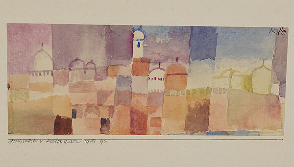 Paul Klee, Ansicht von Kairuan, 1914 Paul Klees Aquarell „Ansicht von Kairuan“ zeigt eine abstrahierte Stadtansicht aus geometrischen Farbflächen in zarten Rosa-, Ocker-, Blau- und Violetttönen.