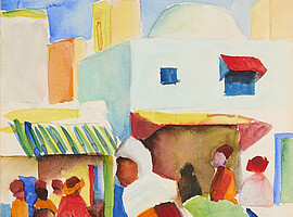 Aquarell von August Macke: Menschen auf einem Markt in Tunis zwischen hellen Häusern und bunten Marktständen in Gelb, Blau, Rot und Orange.