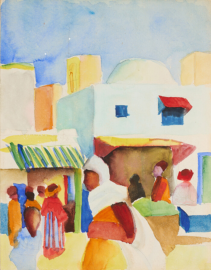 August Macke – Markt in Tunis I (1914) Aquarell von August Macke: Menschen auf einem Markt in Tunis zwischen hellen Häusern und bunten Marktständen in Gelb, Blau, Rot und Orange.