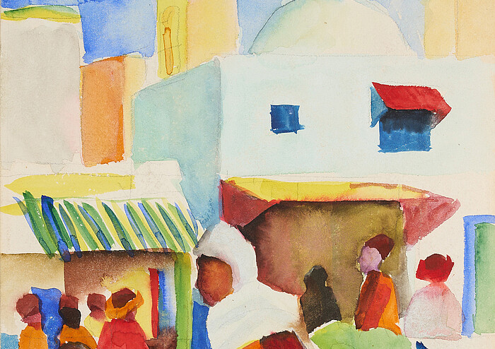 Aquarell von August Macke: Menschen auf einem Markt in Tunis zwischen hellen Häusern und bunten Marktständen in Gelb, Blau, Rot und Orange.