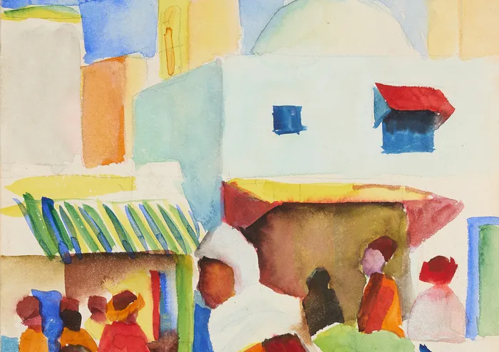 Aquarell von August Macke: Menschen auf einem Markt in Tunis zwischen hellen Häusern und bunten Marktständen in Gelb, Blau, Rot und Orange.
